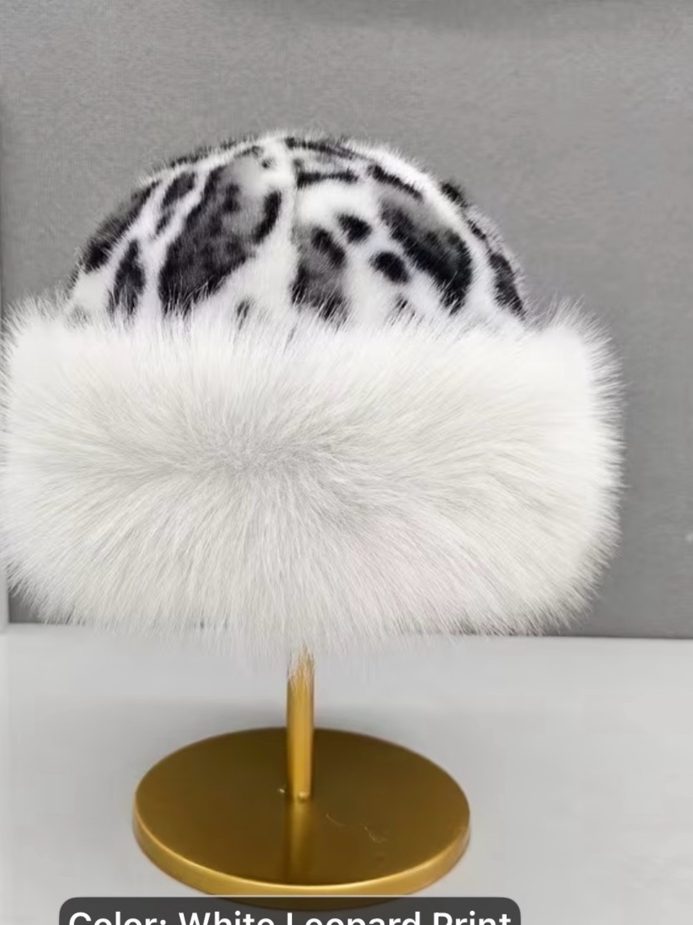 White Leopard Print Faux Fur Cuffed Winter Hat